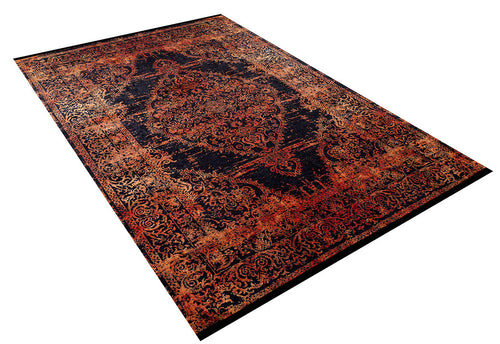 Load image 1 in gallery view. The Vintage Glory - Washable Rug - JR1490 is a rectangular rug with red and gold patterns on a navy background, featuring a central medallion and ornate border. Ideal for high-traffic areas, it's displayed on a white surface.