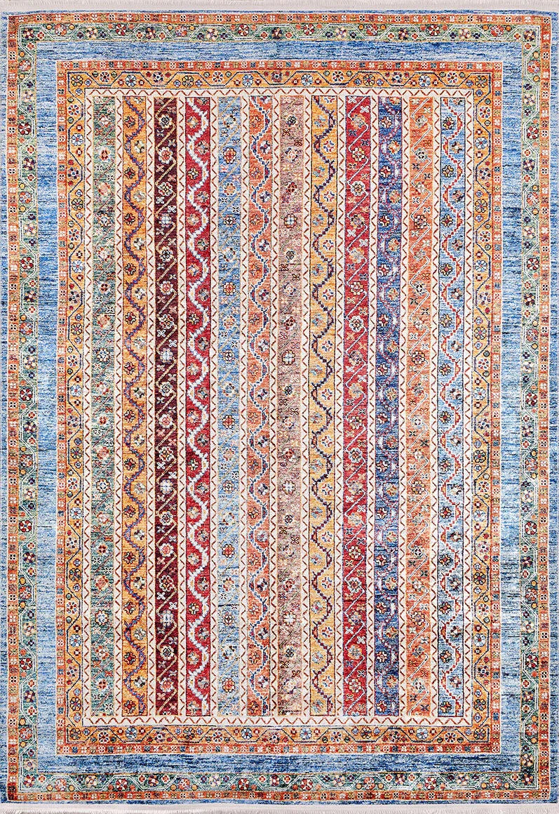 The Vintage Vibes - Washable Rug - JR37 features vertical stripes in red, blue, yellow, and beige with intricate geometric and floral designs. Its detailed blue border adds charm, making it ideal for high-traffic areas.