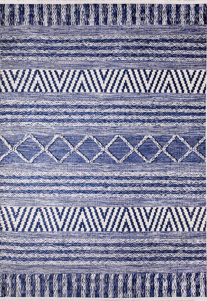 The Wavy Wonders - Washable Rug - JR941 features blue and white woven horizontal stripes with repeating geometric patterns—diamonds, chevrons, and zigzags. Durable and stylish, it’s ideal for high-traffic spaces.