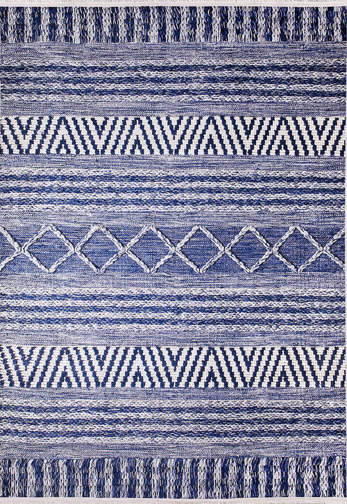 Load image 1 in gallery view. The Wavy Wonders - Washable Rug - JR941 features blue and white woven horizontal stripes with repeating geometric patterns—diamonds, chevrons, and zigzags. Durable and stylish, it’s ideal for high-traffic spaces.