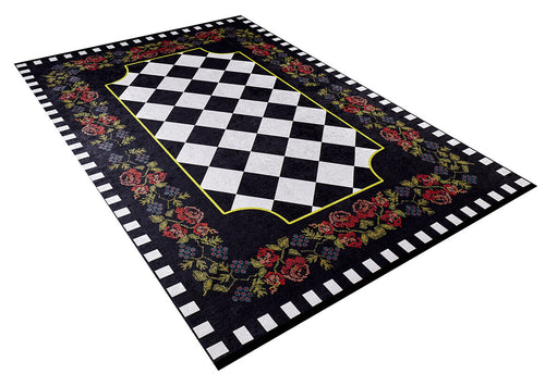 Load image 1 in gallery view. The Wildflower Wonderland - Washable Rug - JR587 is a rectangular flat weave rug with a central black and white diamond checkerboard, bordered by red and green florals on black, finished with a white and black checkered edge.