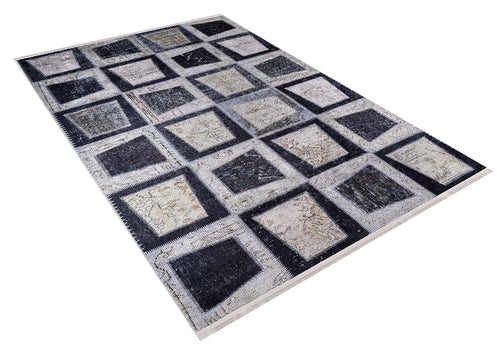 Load image 1 in gallery view. The Windowpane Wonder - Washable Rug - JR184 features a modern rectangular gray-anthracite flat weave with large black, gray, and white squares in a grid pattern on white. Its washable design brings both style and practicality to any room.