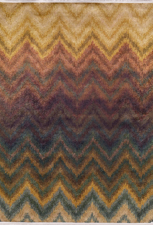 Bild 1 in Galerieansicht laden. The Zigzag Runway - Washable Rug - JR388 features a textured chevron pattern in earthy zigzag stripes—yellow, gold, brown, burgundy, green, and blue—that blend from light to dark shades, ideal for high-traffic areas.