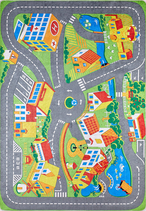 Bild 1 in Galerieansicht laden. The Zooming Metropolis - Machine-Washable Rug JRC012 features vibrant, multicolor city roads, playgrounds, trees, and buildings in a small town layout. Durable and washable, it's ideal for children's play and high-traffic areas—fun meets practicality!.