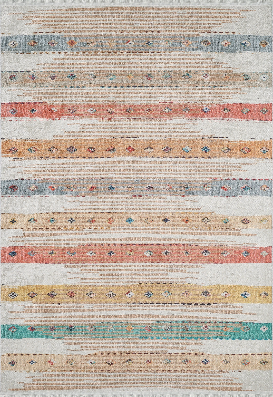 The Nomad's Nostalgia - Washable Rug (JR1669) features multicolor horizontal stripes in muted blue, beige, orange, yellow, and green with geometric diamond motifs. Durable for high-traffic areas and easy to clean as a washable rug.