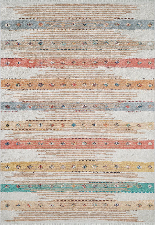 Load image 1 in gallery view. The Nomad's Nostalgia - Washable Rug (JR1669) features multicolor horizontal stripes in muted blue, beige, orange, yellow, and green with geometric diamond motifs. Durable for high-traffic areas and easy to clean as a washable rug.
