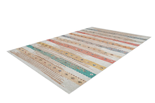 Load image 1 in gallery view. The Nomad's Nostalgia - Washable Rug (JR1669) features multicolor horizontal stripes in muted teal, orange, beige, and yellow with scattered geometric and floral designs—ideal for high-traffic areas.