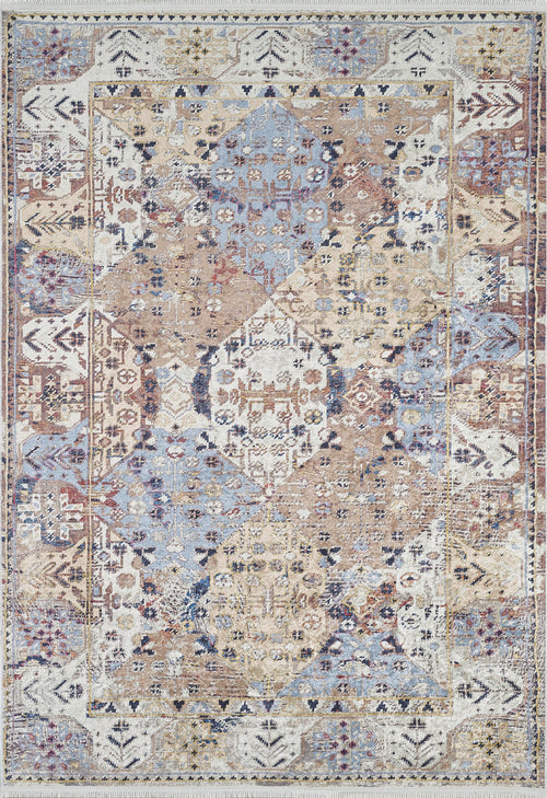 Load image 1 in gallery view. The Native Nature's Washable Rug - JR1666 (Outlet) US features a rectangular flat weave with a vintage, distressed geometric and floral pattern in muted blue, beige, brown, and cream tones plus a diamond border for added texture.
