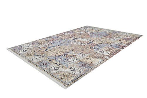 Load image 1 in gallery view. The Native Nature's - Washable Rug - JR1666 (Outlet) US is a rectangular flat weave rug with a distressed vintage pattern in cream and beige, featuring geometric and floral motifs, fringed edges, and a washable design for easy care.