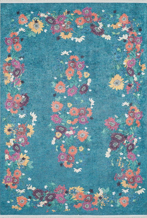 Load image 1 in gallery view. The Nature's Tapestry - Washable Rug - JR1674 features a blue base with colorful floral patterns and an oval border; it's easy to maintain and ideal for high-traffic areas.