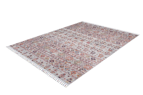 Load image 1 in gallery view. The Nomad's Nest - Washable Rug - JR5088 features detailed geometric and floral patterns in red, orange, and blue on a cream base with white fringe. Allergy-friendly and durable, it’s ideal for busy homes. Shown on a white surface.