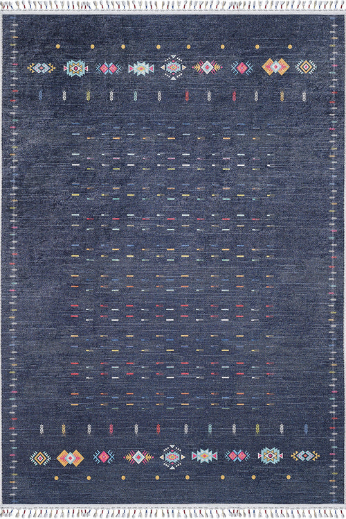 Load image 1 in gallery view. The Wanderer's Way - Washable Rug - JR5101 is a rectangular, dark blue rug with a textured pattern, colorful geometric accents, and small vibrant dashes. Durable and washable, it's ideal for high-traffic areas and trimmed with white fringe on the short edges.